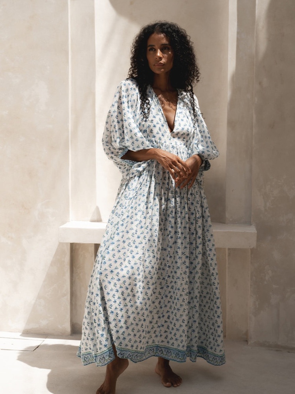 Daughters of India White Maxi Dress with Blue Floral Print